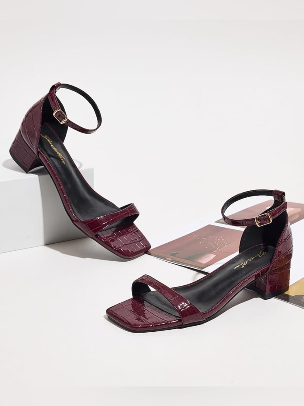 Genshuo Burgundy Croc-Embossed Ankle-Strap Block Heel Sandals